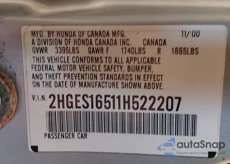 2001 Honda Civic Lx из США, поврежденный, VIN 2HGES16511H522207